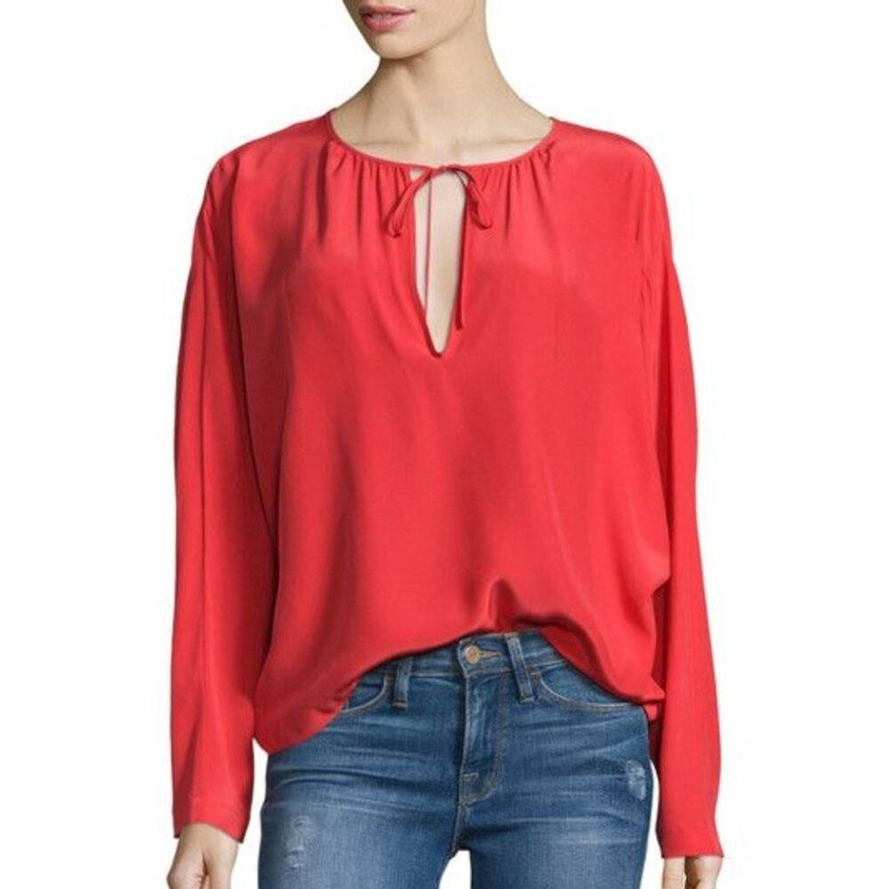 Frame Le Raglan Split-Neck Silk Blouse in Blood Orange